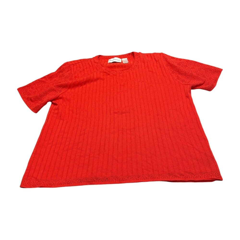 Alfred Dunner Sweater Women's L Red Lace Detail Short Sleeve Round Neck Pullover